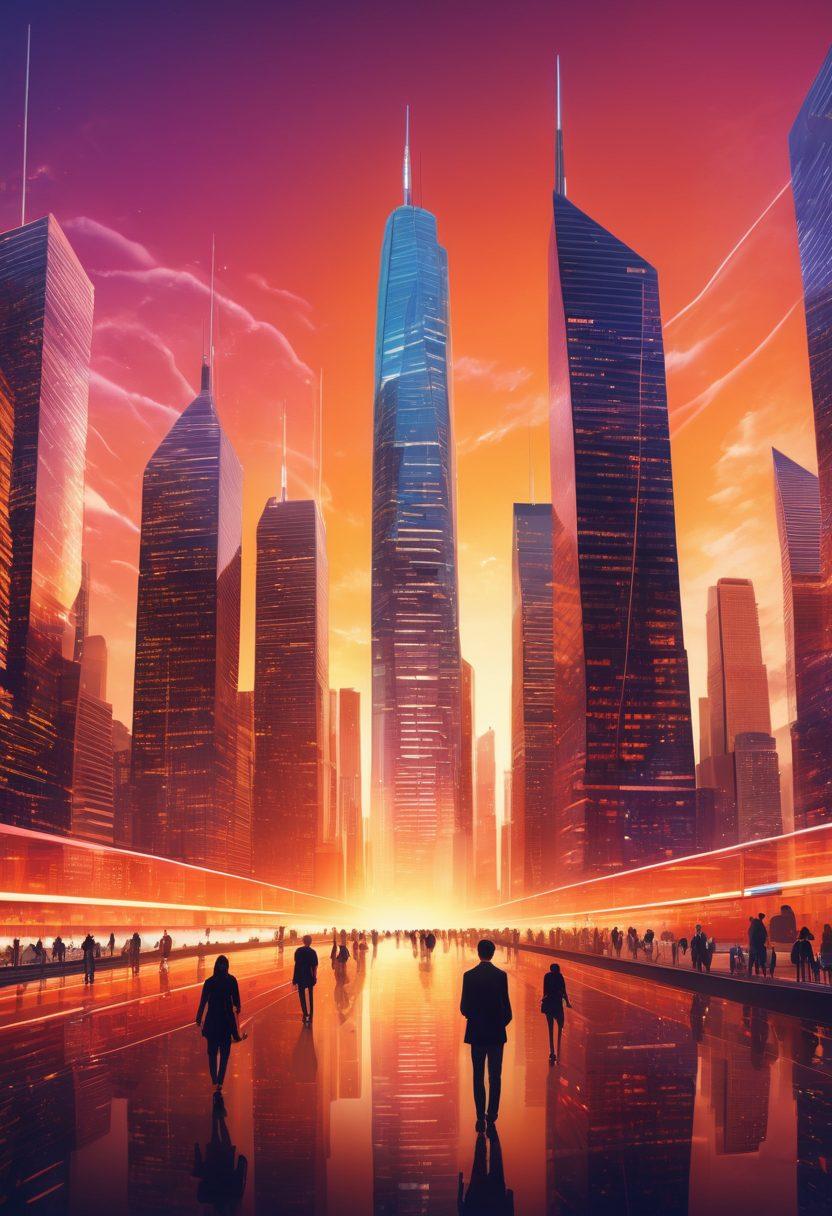 A vibrant digital landscape featuring an abstract cityscape filled with glowing skyscrapers symbolizing technology and connectivity. Incorporate elements like virtual reality headsets, digital graphs, and social media icons merging into the skyline, with a sunset backdrop in warm hues. Showcase diverse people engaging with technology in the foreground to represent lifestyle trends. modern digital art. bright colors. dynamic composition.