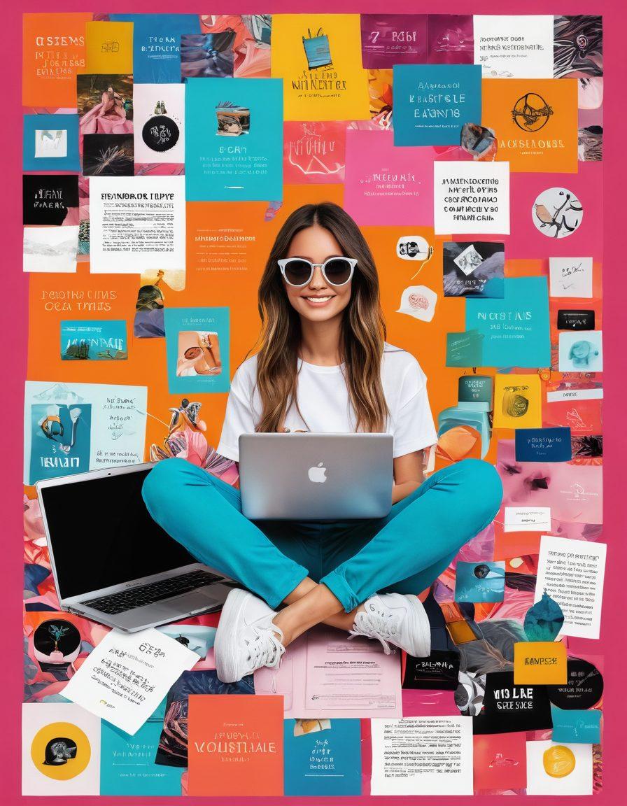 A vibrant digital collage showcasing elements of lifestyle blogging, with a modern influencer at the center, surrounded by various online journal themes like fashion, wellness, and travel. Include snippets of social media posts, stylish tech gadgets, and a laptop with an open blog page. Use bright colors and engaging typography to create a dynamic feel, reflecting the ever-evolving trends in online content. vector art. vibrant colors.